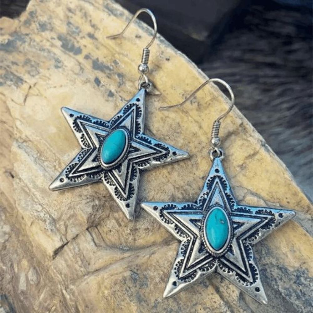 Star Turquoise Silver Western Southwestern Dangle Earrings